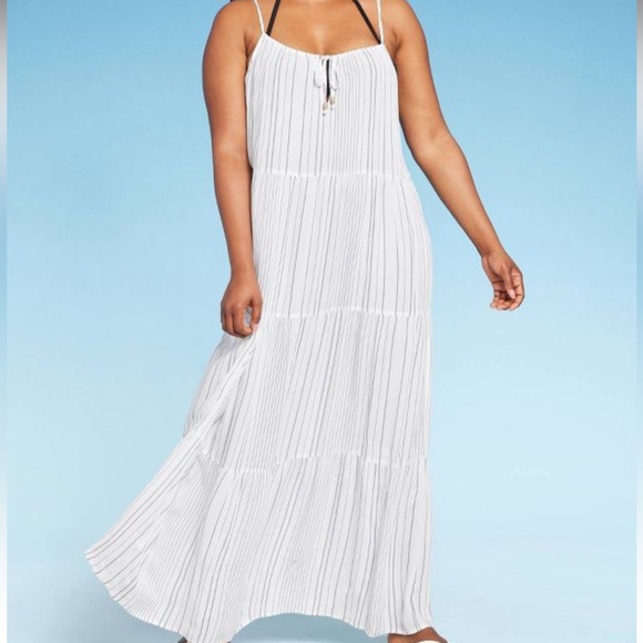 Kona Sol Women’s Tiered Maxi Cover Up Dress | White and Navy Striped - Picture 3 of 7